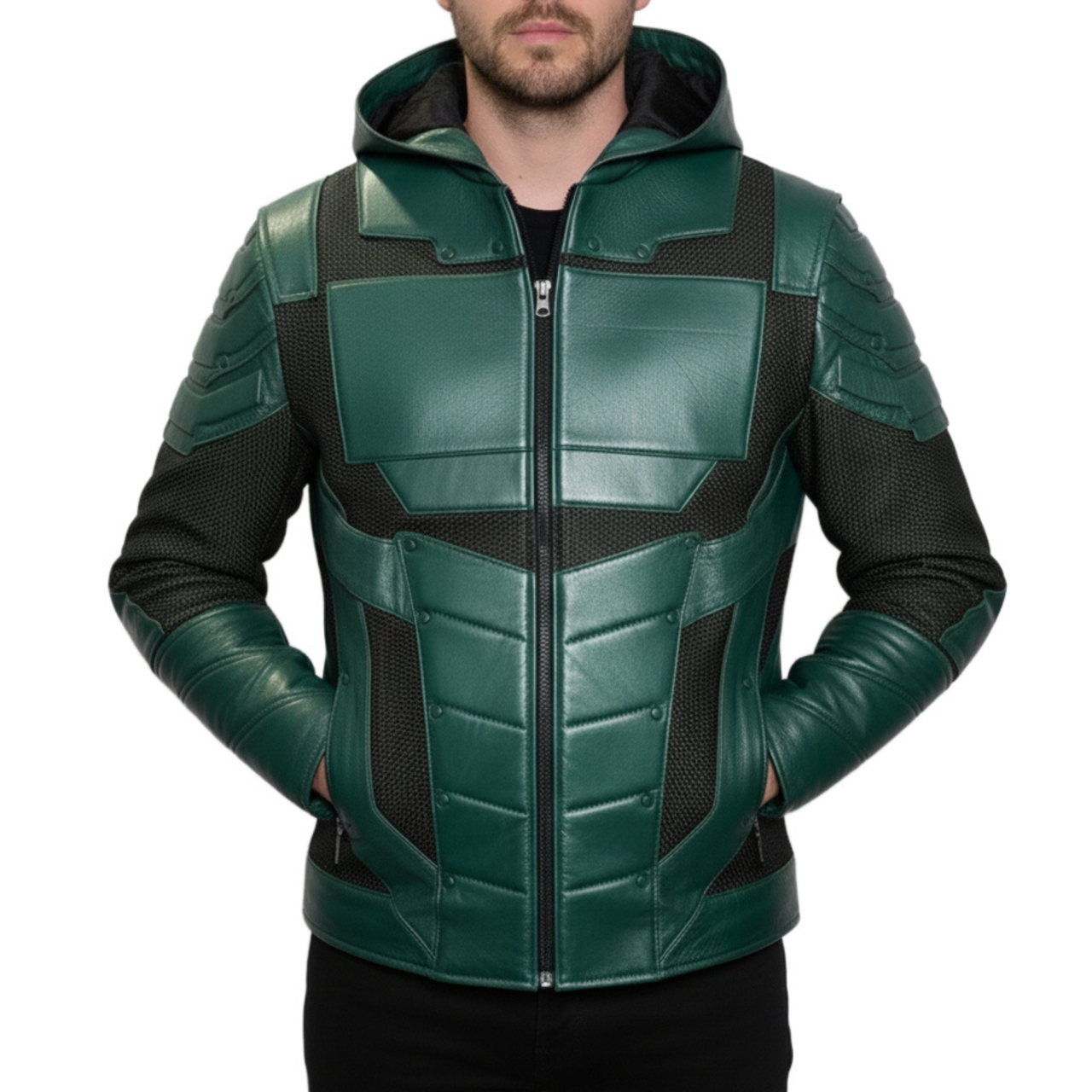 Mens Green Real Leather Chrome Armor Cosplay Jacket