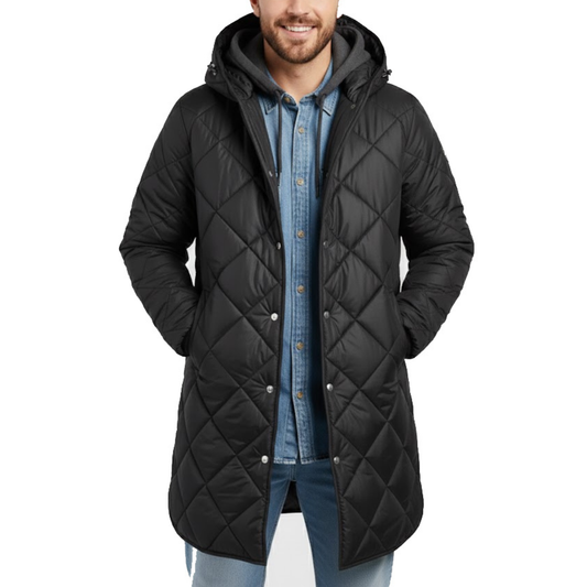 Men's Black Diamond Quilted Hooded Puffer Winter Long Coat