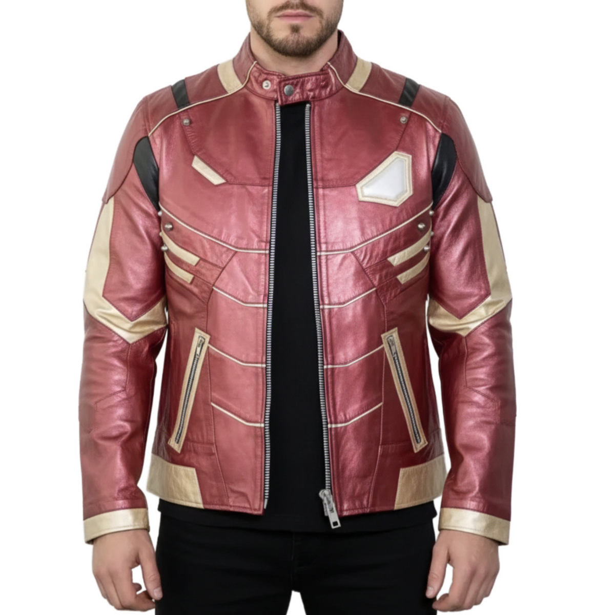Mens Iron Armor Red & Gold Real Leather Jacket