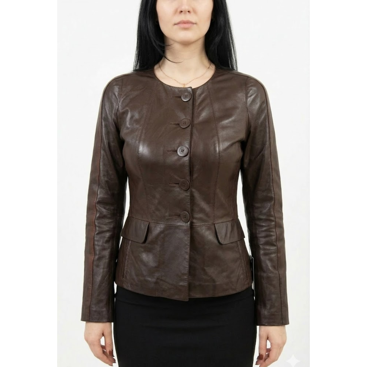 Womens Stylish Brown Leather Collarless Style Coats