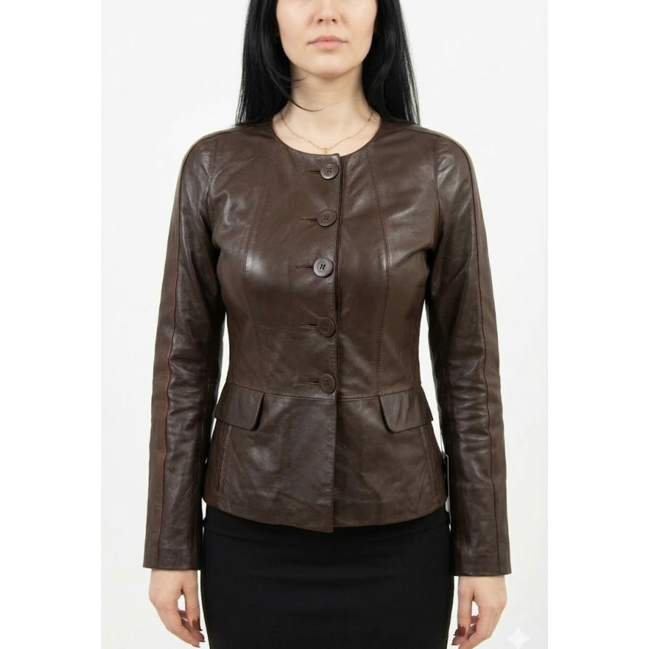 Womens Stylish Brown Leather Collarless Style Coats