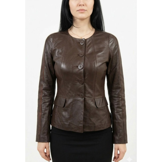 Womens Stylish Brown Leather Collarless Style Coats