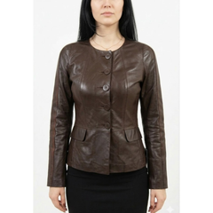 Womens Stylish Brown Leather Collarless Style Coats