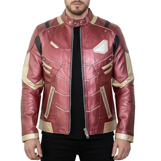Mens Iron Armor Red & Gold Real Leather Jacket