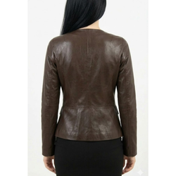 Womens Stylish Brown Leather Collarless Style Coats