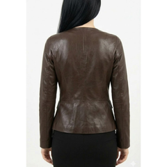 Womens Stylish Brown Leather Collarless Style Coats