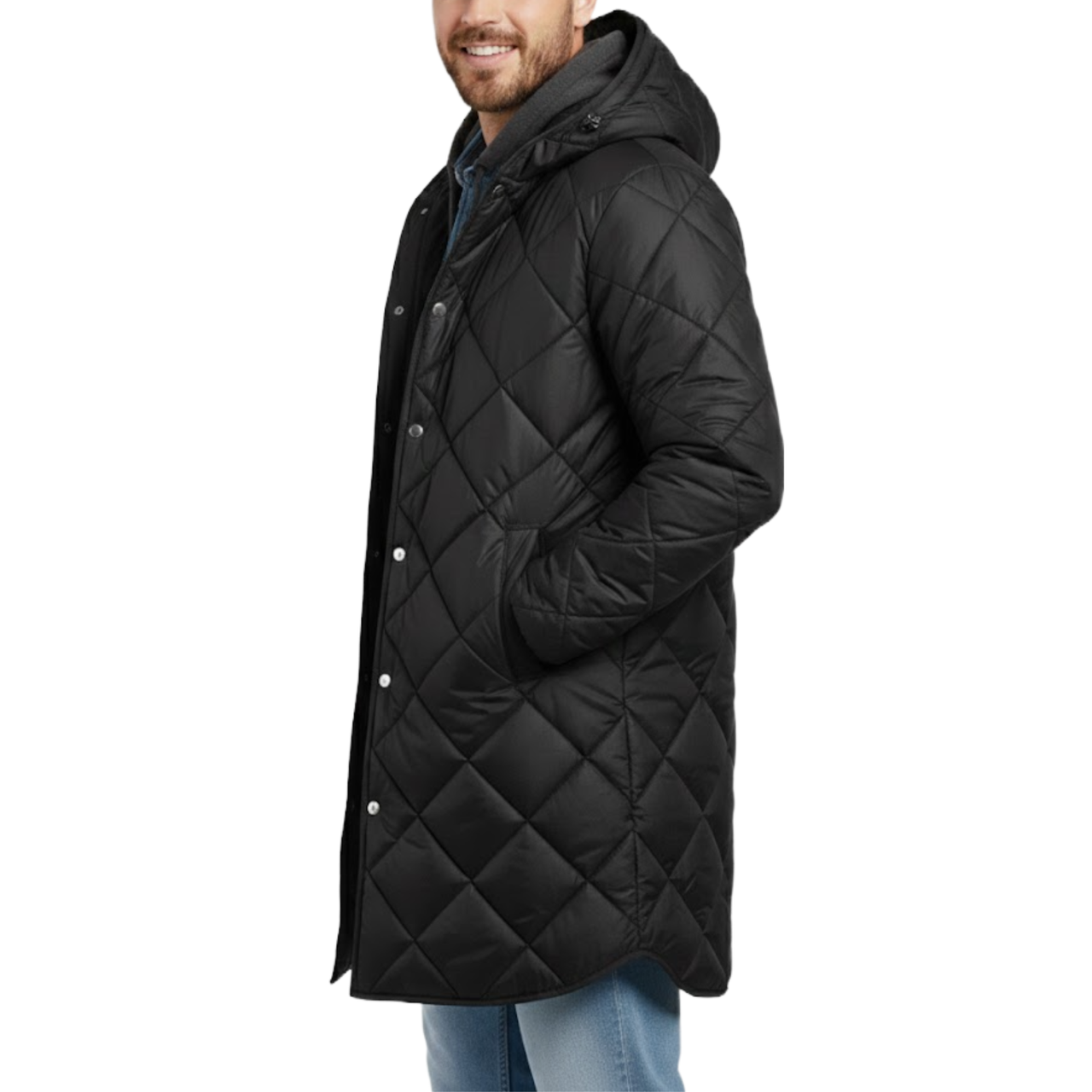 Men's Black Diamond Quilted Hooded Puffer Winter Long Coat