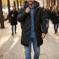 Men's Black Diamond Quilted Hooded Puffer Winter Long Coat