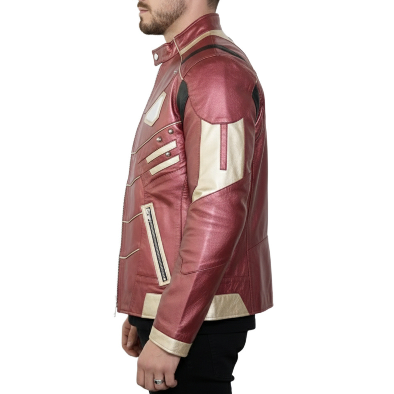Mens Iron Armor Red & Gold Real Leather Jacket