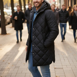 Men's Black Diamond Quilted Hooded Puffer Winter Long Coat