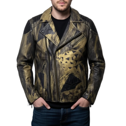 Mens Black And Gold Hand Painted Studded Leather Biker Jacket