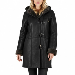 Women's Black Sheepskin Leather Duffle Faux Shearling Winter Coat