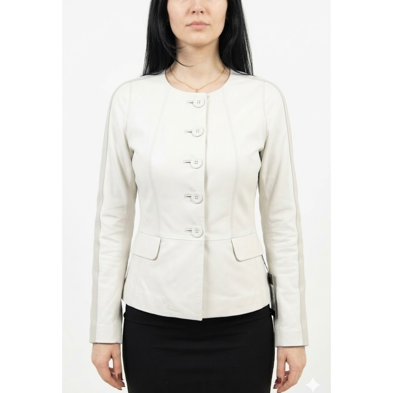 Womens Stylish Brown Leather Collarless Style Coats