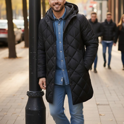 Men's Black Diamond Quilted Hooded Puffer Winter Long Coat