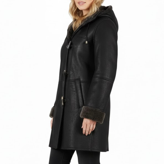 Women's Black Sheepskin Leather Duffle Faux Shearling Winter Coat