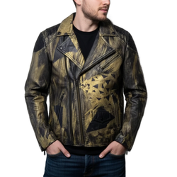 Mens Black And Gold Hand Painted Studded Leather Biker Jacket