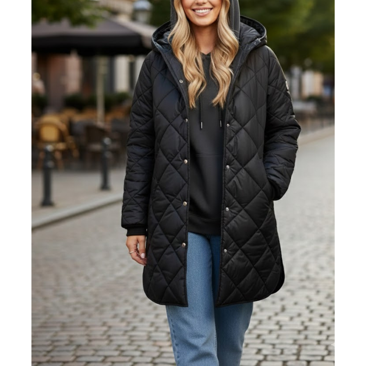 Women's Black Diamond Quilted Hooded Puffer Winter Long Coat