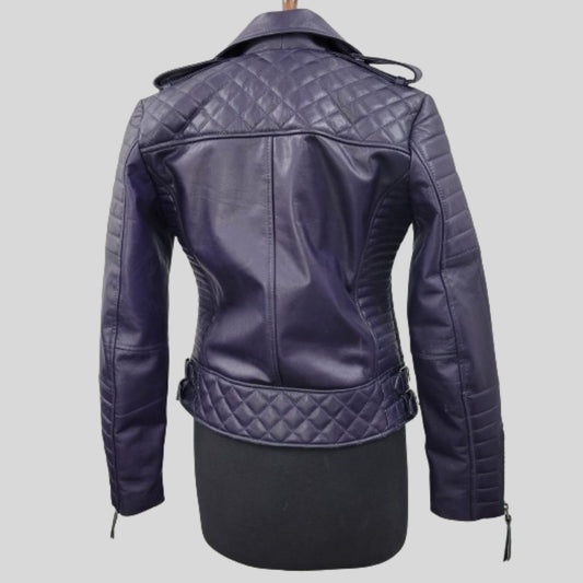 Women's Purple Quilted Motorcycle Genuine Lambskin Leather Biker Jacket