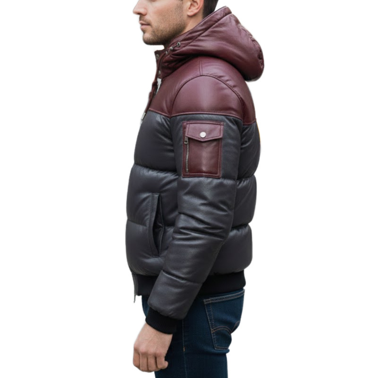 Men’s Two Tone Bubble Quilted Winter Puffer Hooded Bomber Jacket