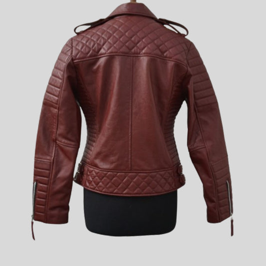 Women's Maroon Motorcycle Genuine Lambskin Leather Biker Jacket