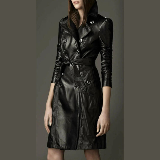 Women Double-Breasted Black Three Quarter Long Genuine Leather Belted Coat