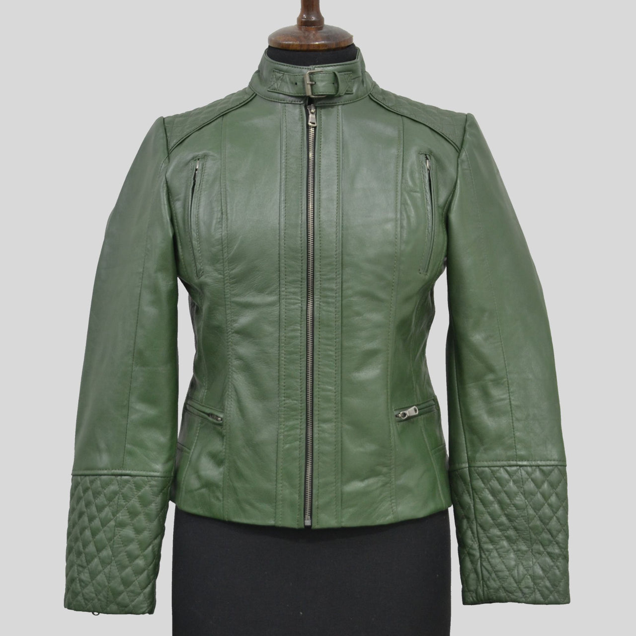 Women's Green Quilted Belted Collar Cafe Racer Leather Jacket