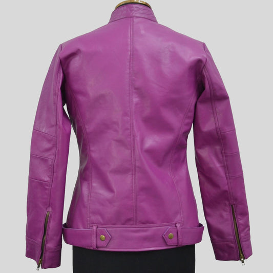 Women's Pink Genuine Lambskin Cafe Racer Leather Jacket