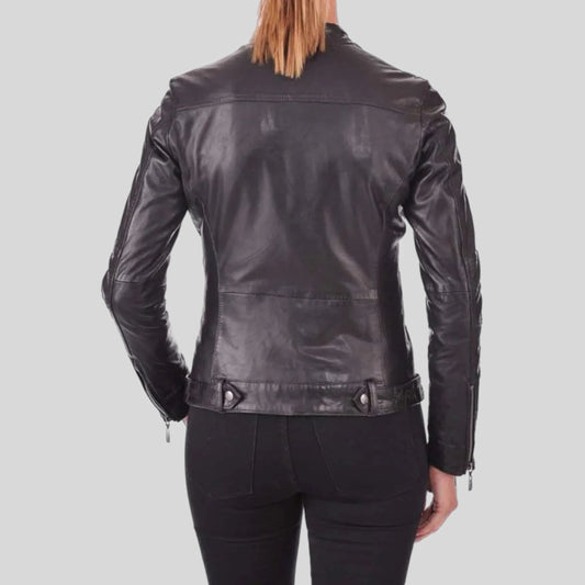 Women's Black Geniune Lambskin Cafe Racer Leather Jacket