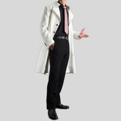 Men’s White Wool Trench Coat with Half-Belted Back