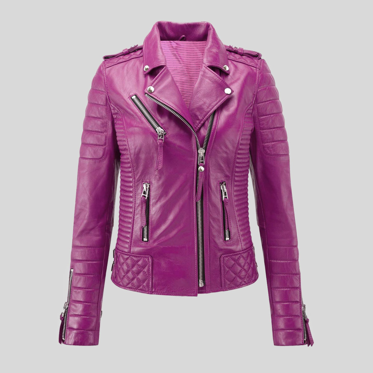 Women’s Quilted Genuine Lambskin Motorcycle Biker Leather Jacket