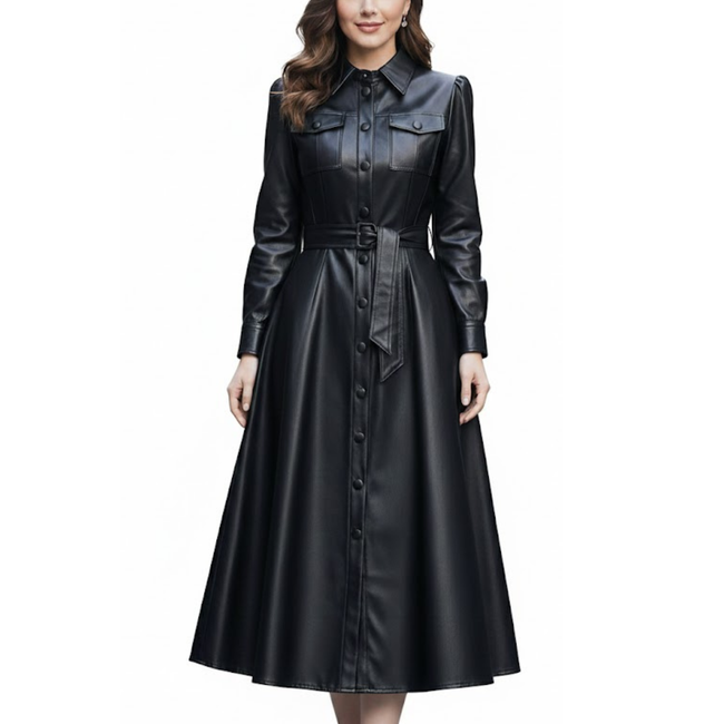 Women's Black Sheepskin Leather Belted Shirt Style Trench Coat Dress