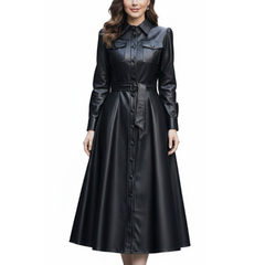 Women's Black Sheepskin Leather Belted Shirt Style Trench Coat Dress