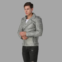 Mens Designer Grey Vintage Biker Leather Jacket Mans