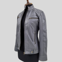 Women's Waxed Grey Genuine Lambskin Cafe Racer Leather Jacket