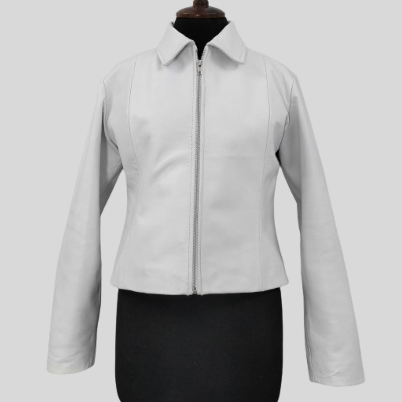 Women White Shirt Collar Designer Ladies Leather Jacket