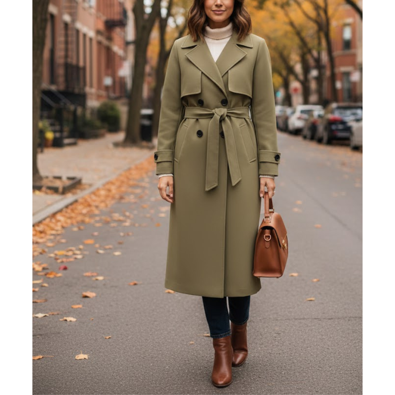 Women’s Khaki Premium Wool Double-Breasted Long Trench Coat