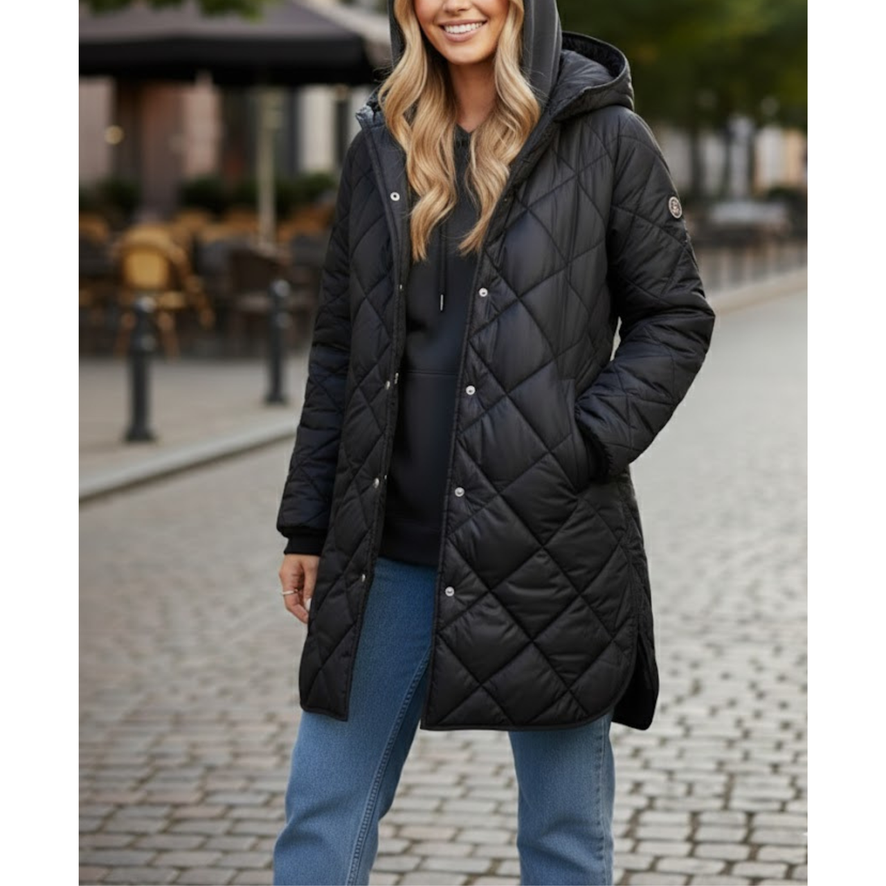Women's Black Diamond Quilted Hooded Puffer Winter Long Coat