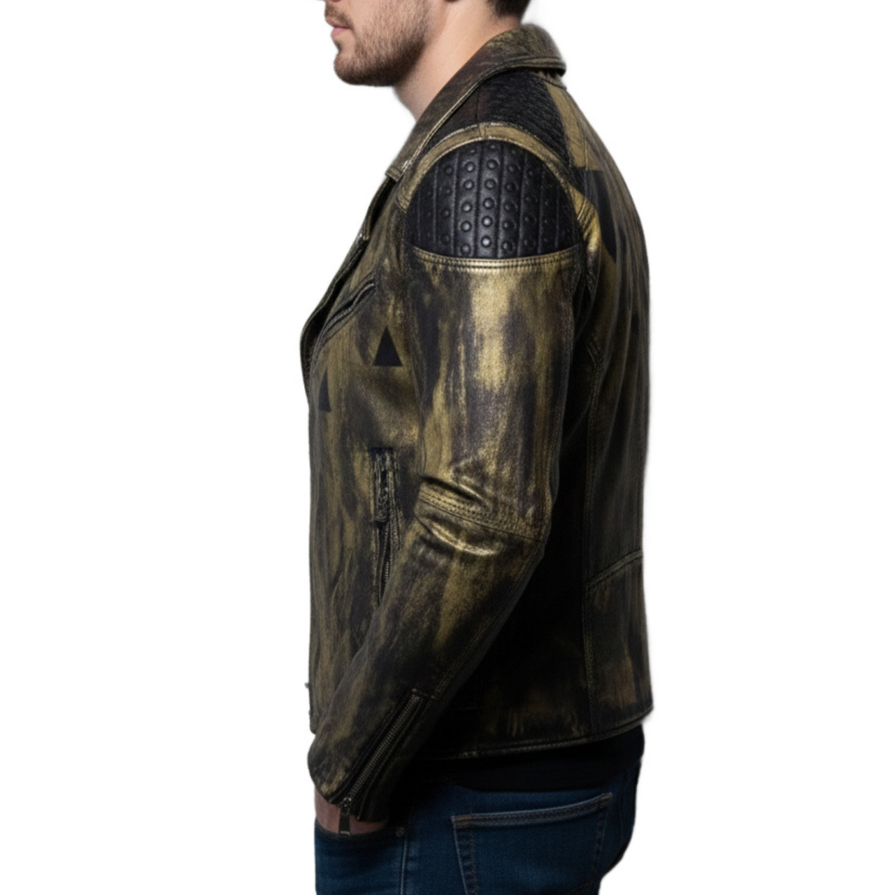 Mens Black And Gold Hand Painted Studded Leather Biker Jacket