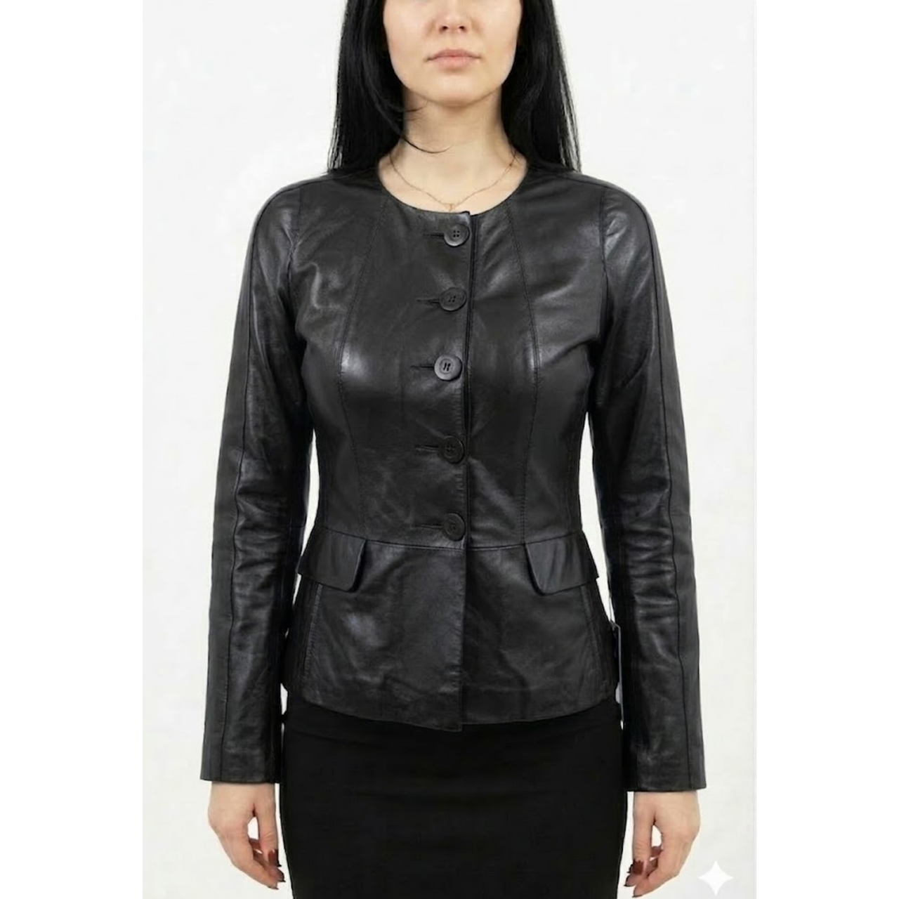 Womens Stylish Brown Leather Collarless Style Coats