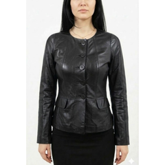 Womens Stylish Brown Leather Collarless Style Coats