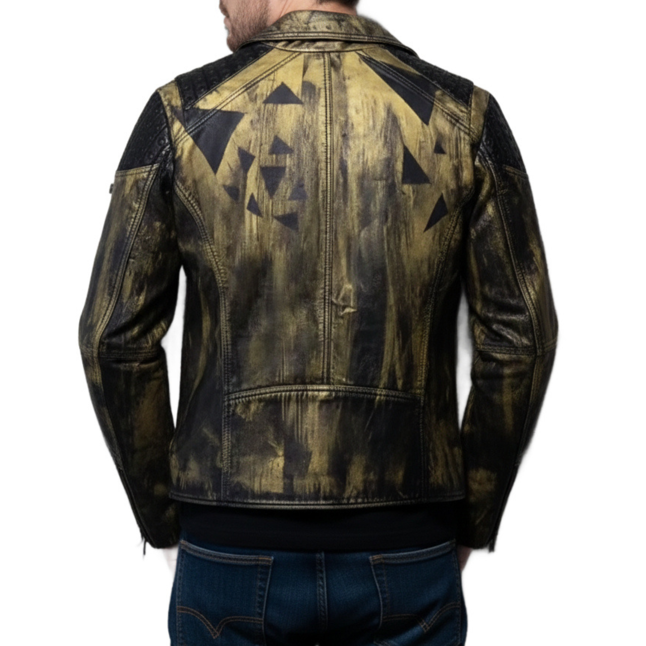 Mens Black And Gold Hand Painted Studded Leather Biker Jacket