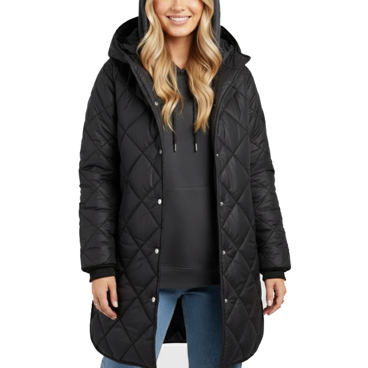 Women's Black Diamond Quilted Hooded Puffer Winter Long Coat