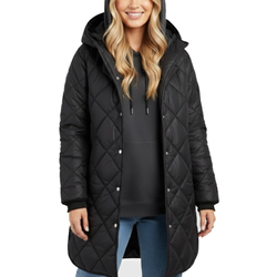 Women's Black Diamond Quilted Hooded Puffer Winter Long Coat