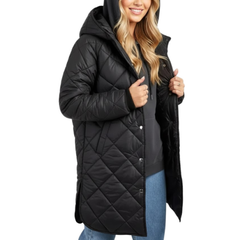 Women's Black Diamond Quilted Hooded Puffer Winter Long Coat
