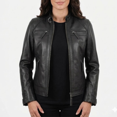 Women Cognac Antique Brown Quilted Cafe Racer Leather Jacket