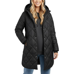Women's Black Diamond Quilted Hooded Puffer Winter Long Coat