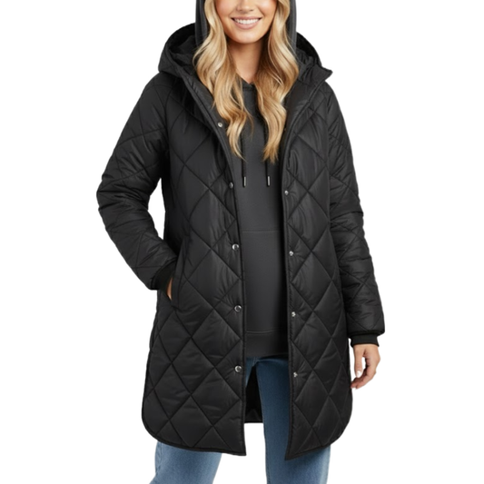 Women's Black Diamond Quilted Hooded Puffer Winter Long Coat