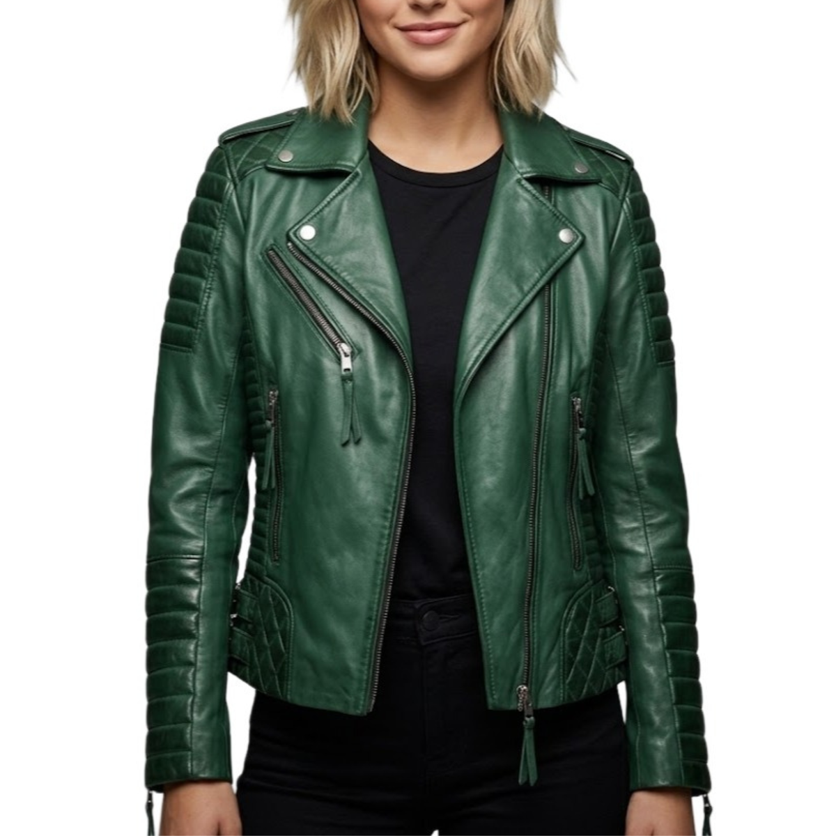 Women's Green Real Leather Biker Motorcycle Jacket