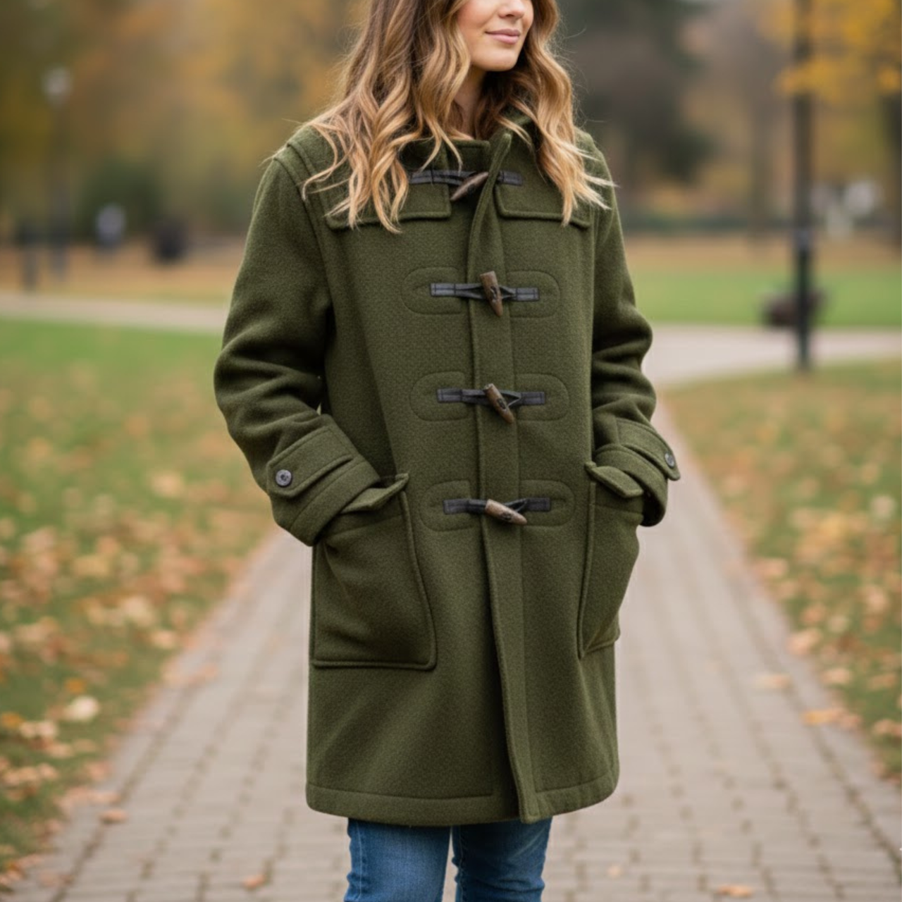 Women's Classic Olive Green Wool Duffle Hooded Toggles Coat