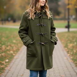 Women's Classic Olive Green Wool Duffle Hooded Toggles Coat